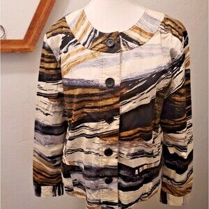 Chicos Jacket Blazer Fitted Abstract Black Brown Gold Metallic sz 1